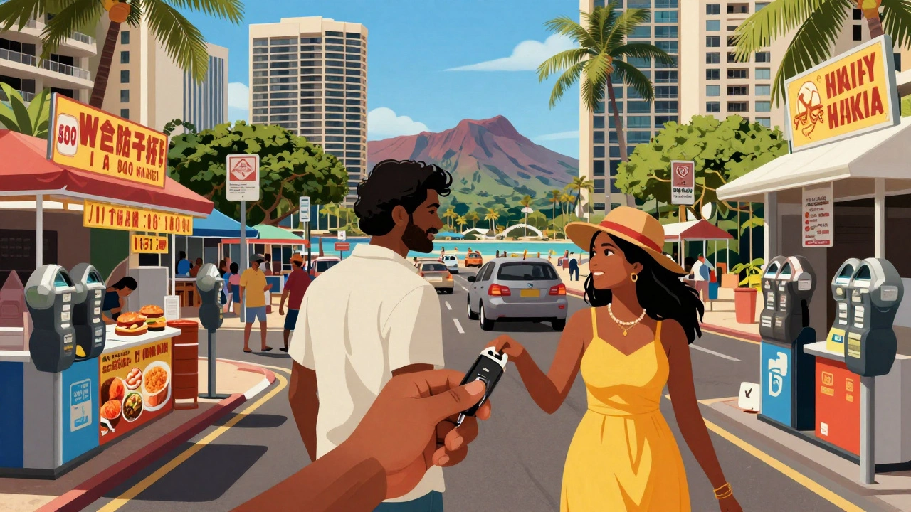 An Indian couple in Hawaii with a rental car, surrounded by high-cost tourist expenses on a busy beach street.