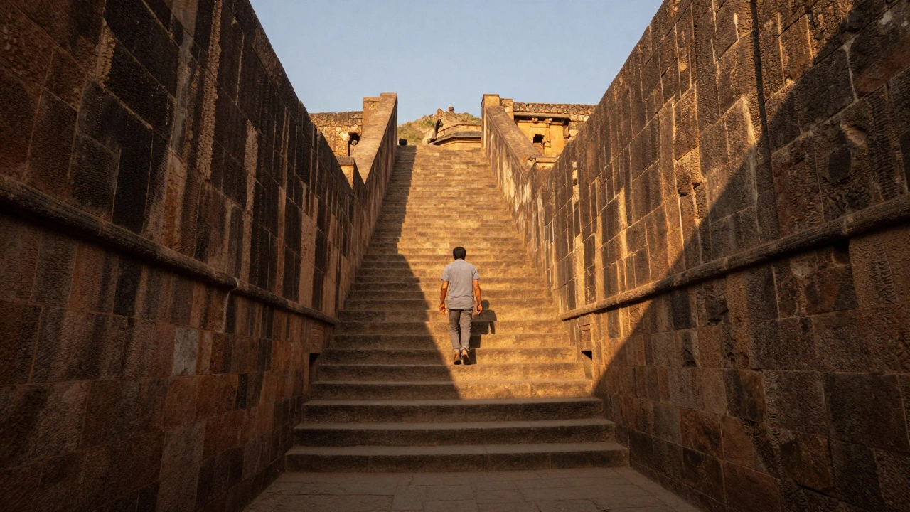 Ancient stone staircase inside Kumbhalgarh Fort, climbing up a hill with towering walls and golden sunlight.
