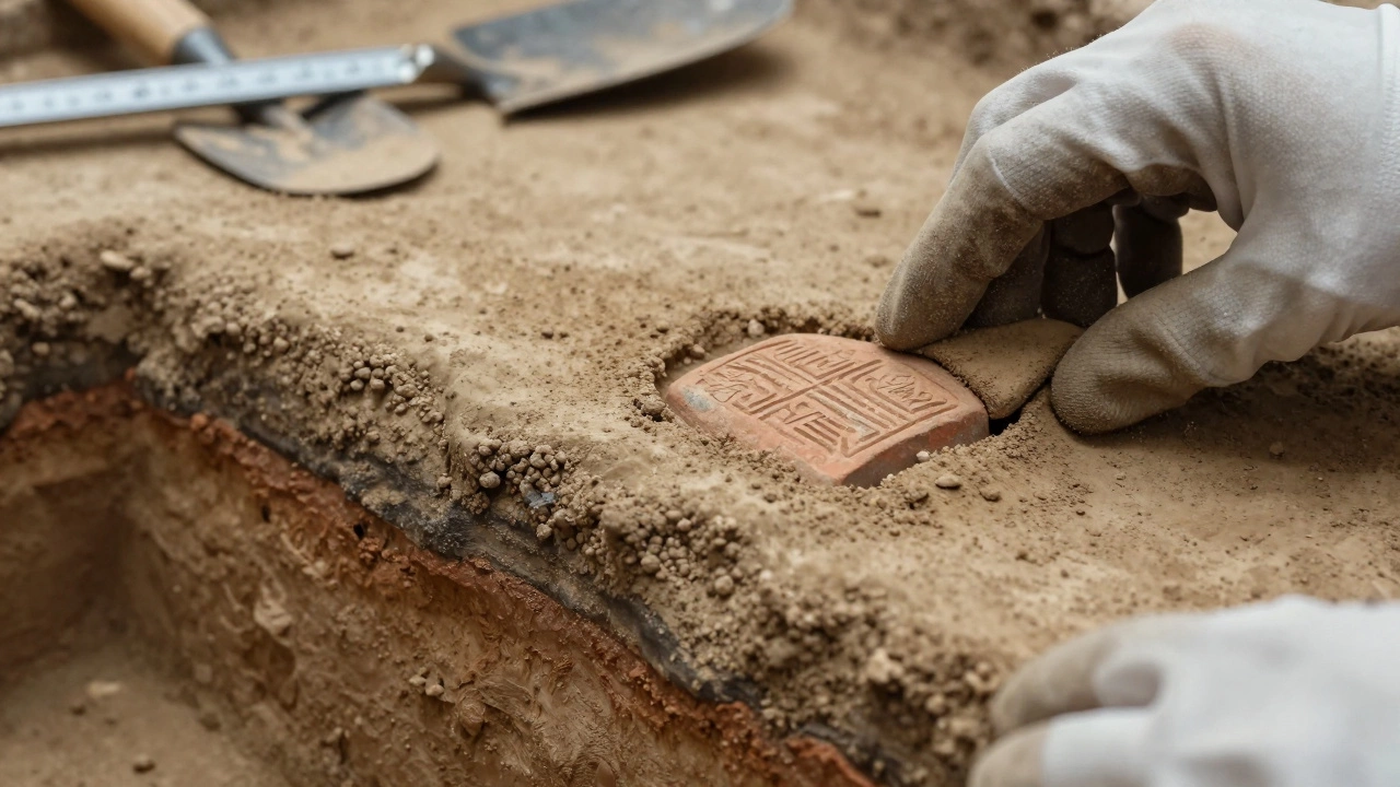 Archaeologist examining ancient terracotta seal artifact.