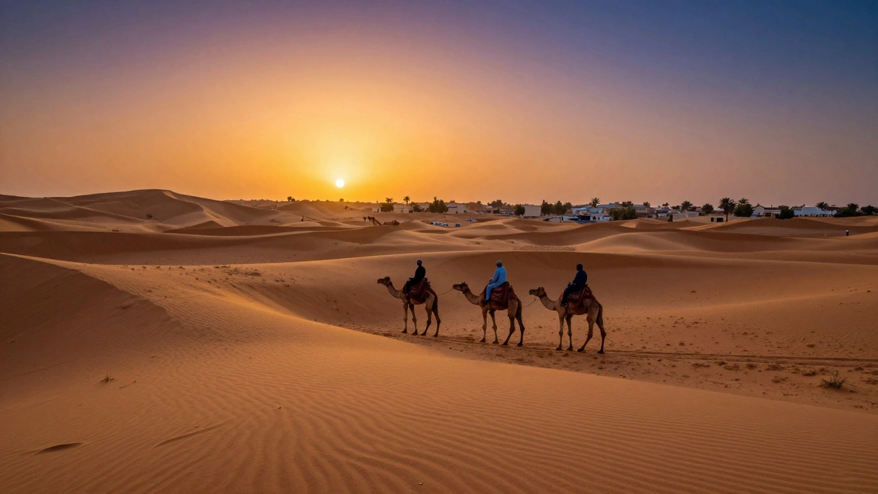 Camels walking on sand dunes in the Thar Desert at sunset.