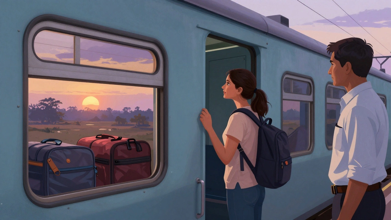 Solo female traveler boarding a clean Indian train at sunset, rural landscape visible through the window.