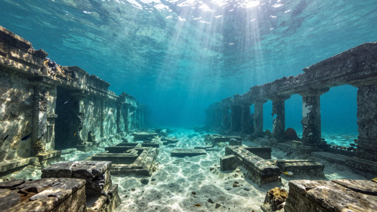Submerged stone ruins beneath clear ocean water surface.