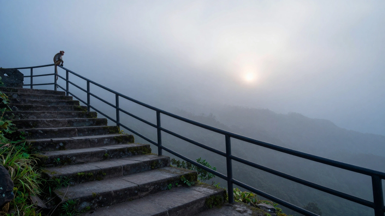 Sunrise view from the top of Kodaikanal Skywalk Steps, with misty valley and a monkey on the rail.