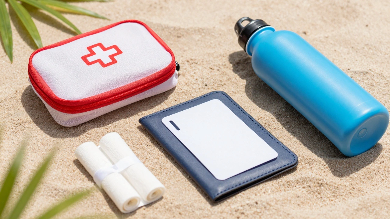 Travel safety items like first aid kit on sandy beach surface.