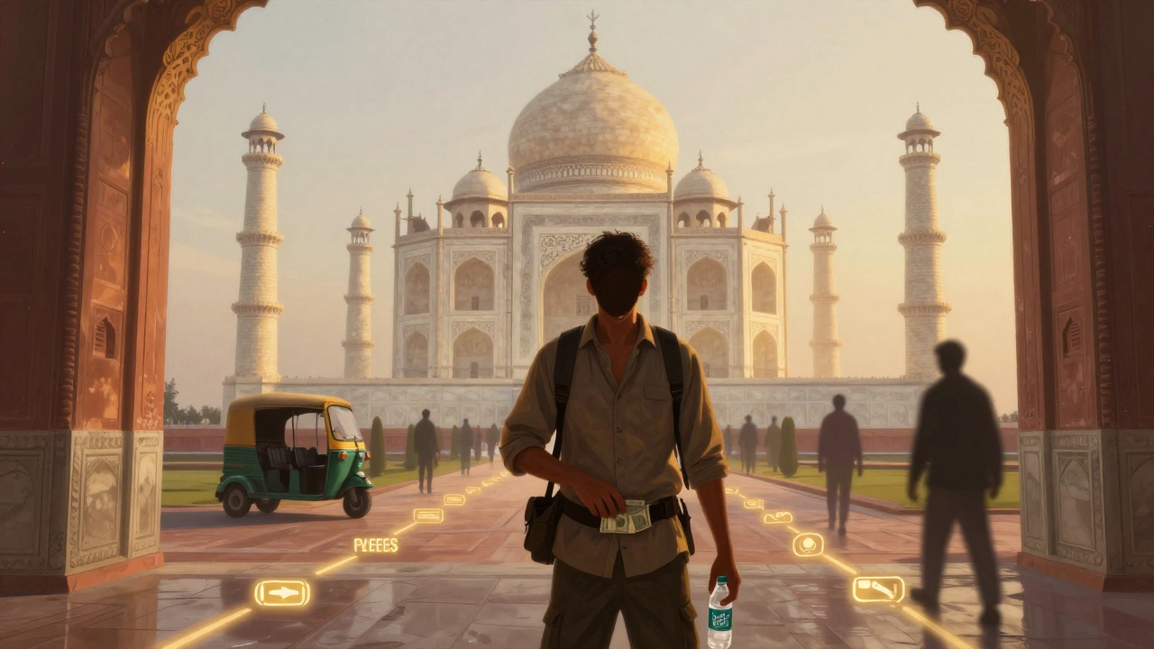 Traveler at Taj Mahal at dawn holding safe water and money belt, glowing paths leading to safe destinations.