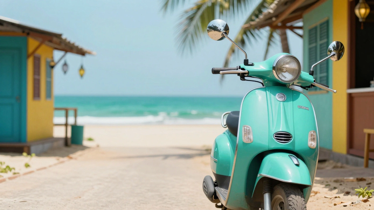 A rental scooter parked on a path leading to a sunny beach with a beach shack in the background.