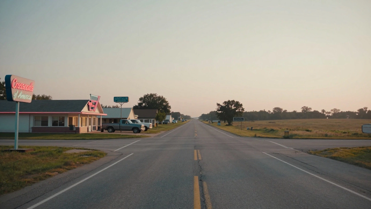 A straight highway stretching toward the horizon with a vintage diner on the side