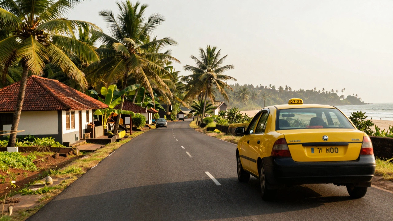 A taxi driving through a scenic Goan landscape with palm trees and Portuguese villas.