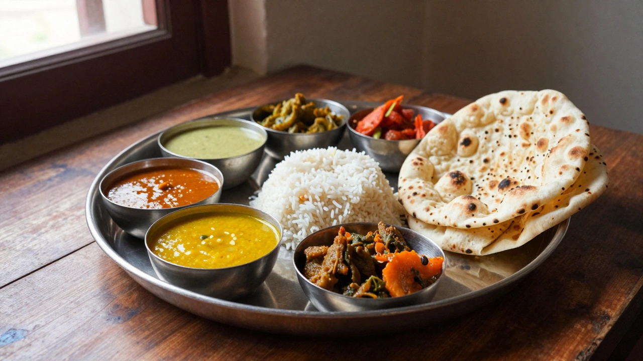 A traditional Indian Thali meal with various curries and rice on a rustic wooden table.