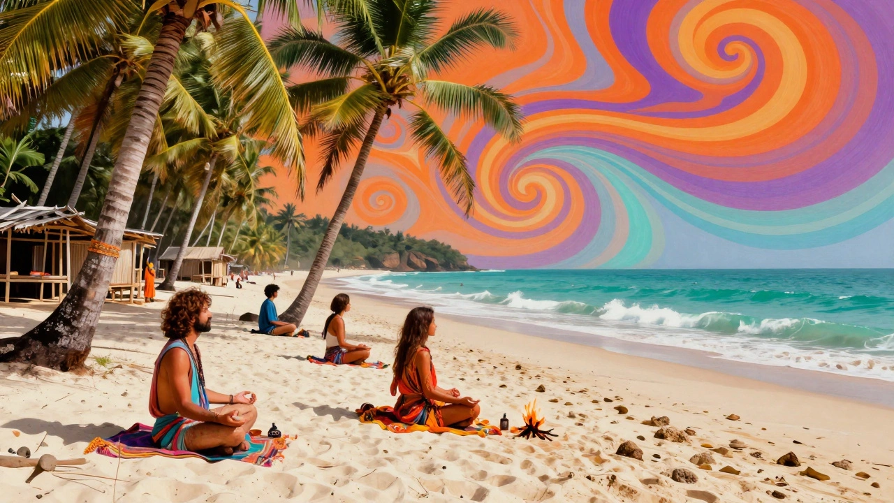 Bohemian travelers meditating on a colorful, psychedelic Goa beach with palm trees.