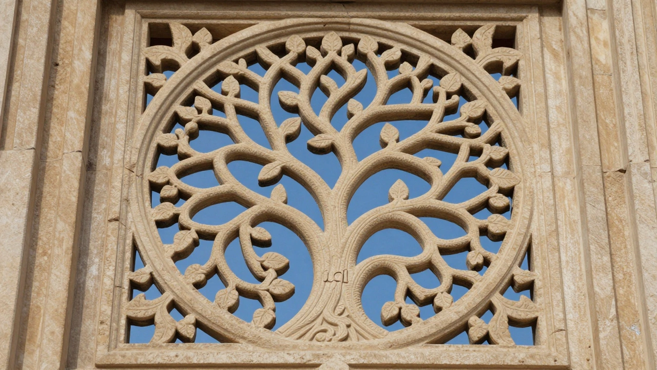Close-up of the intricate stone-carved Tree of Life window at Sidi Saiyyed Mosque.