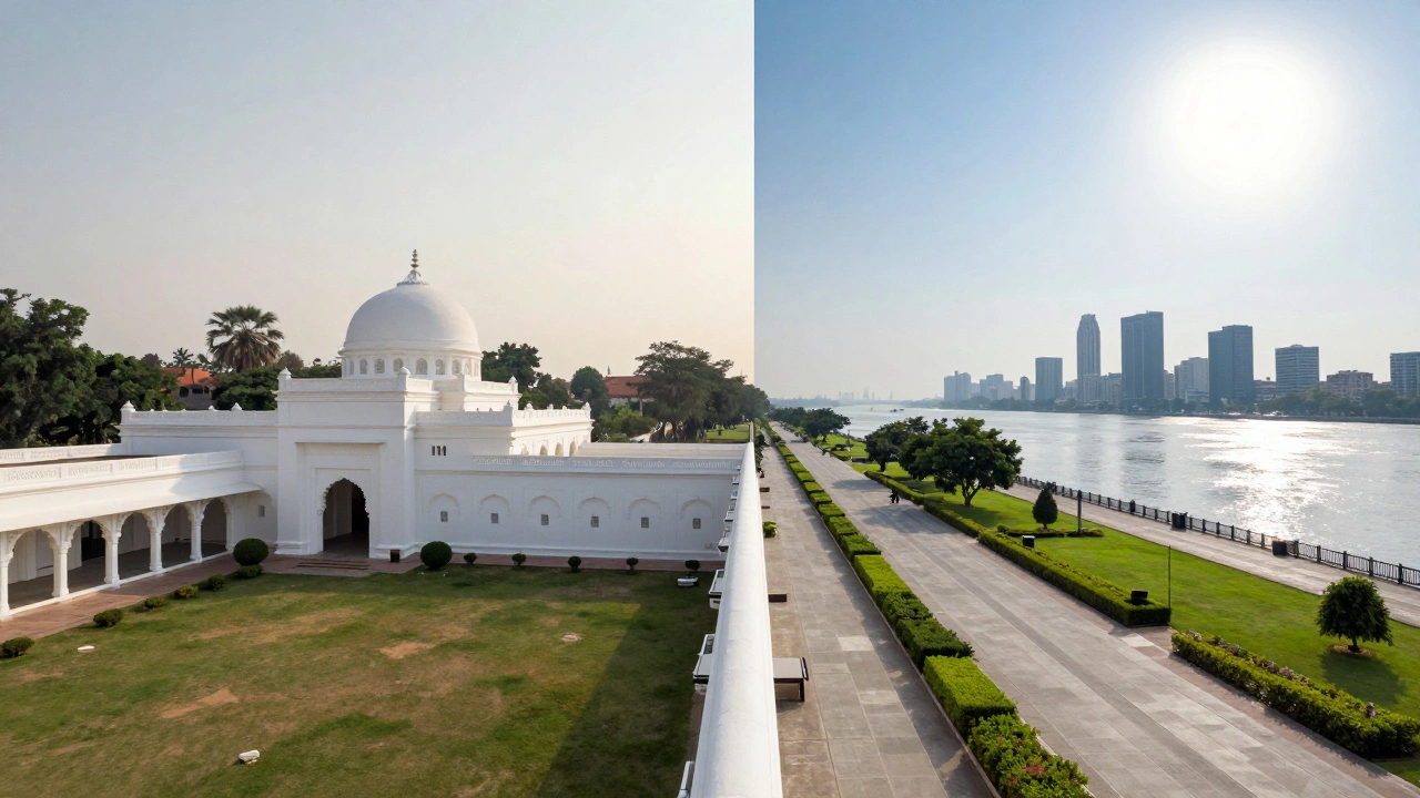 Contrast between the peaceful Sabarmati Ashram and the modern Sabarmati Riverfront.