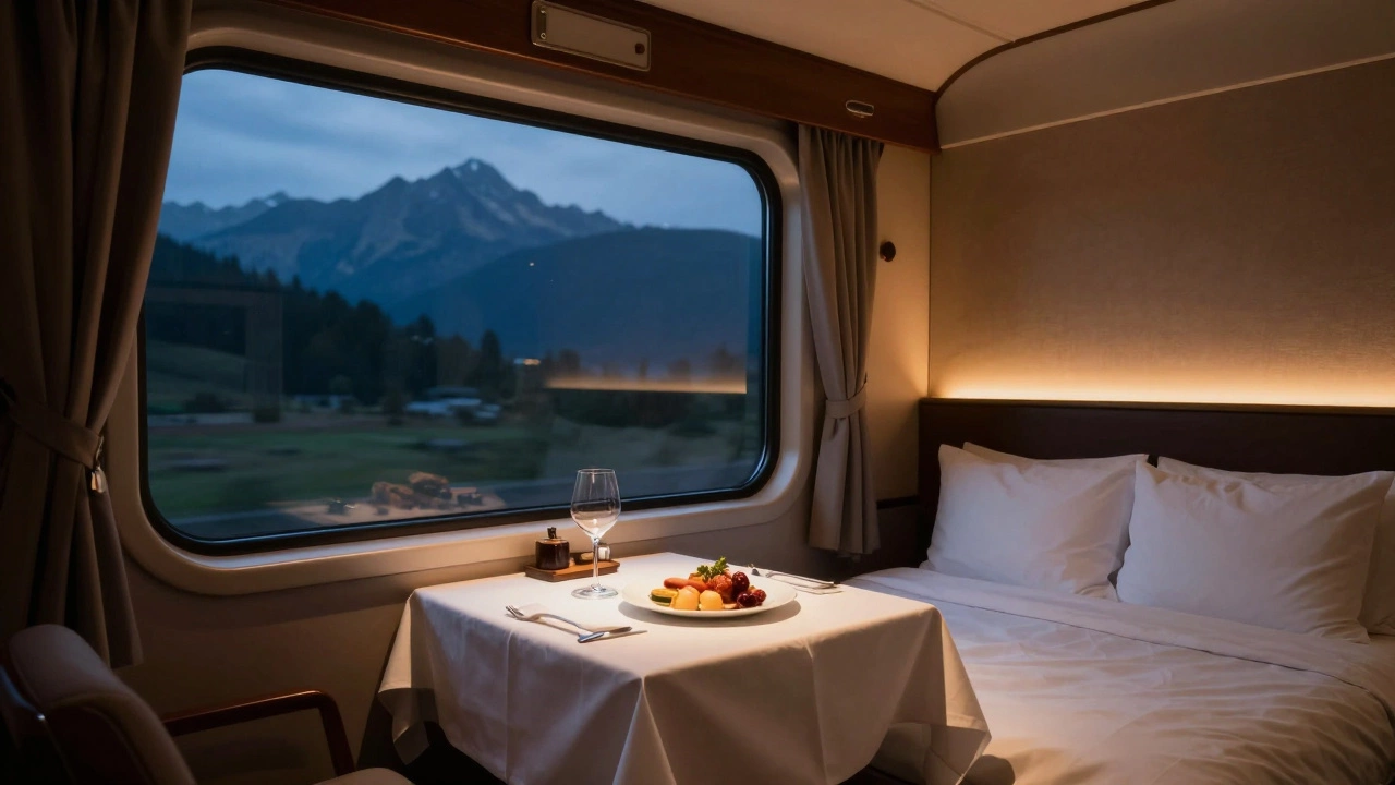 Interior of a luxury train sleeper bedroom with a meal and a view of moonlit mountains