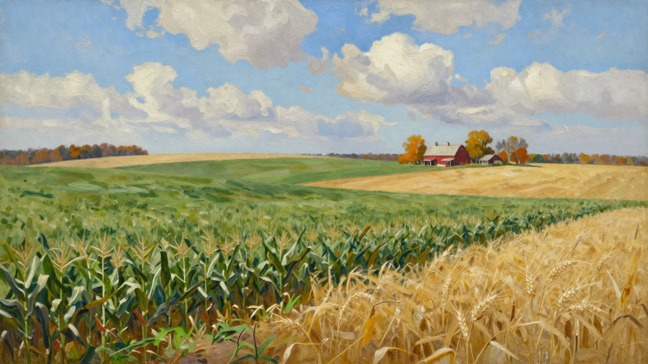 Rolling green and gold farmland with a red barn under a bright blue sky in the American Midwest