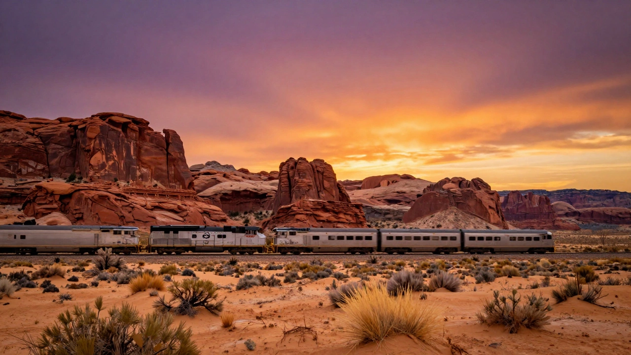 Silver Amtrak train traveling through the red rock deserts of New Mexico at sunset