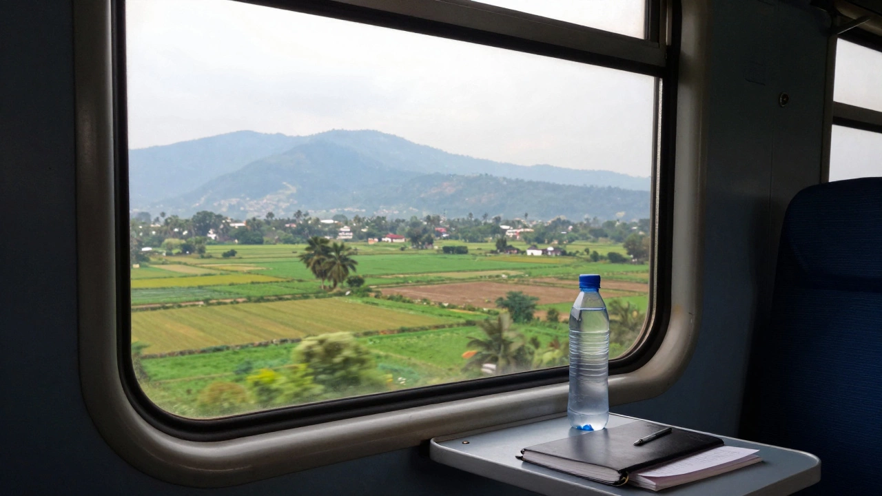 View from an Indian train window showing a scenic landscape of fields and mountains.