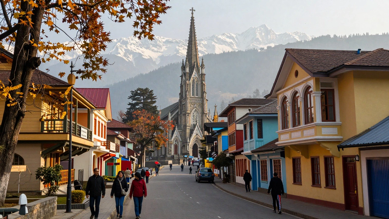 Colorful Victorian buildings and tourists on Shimla's Mall Road
