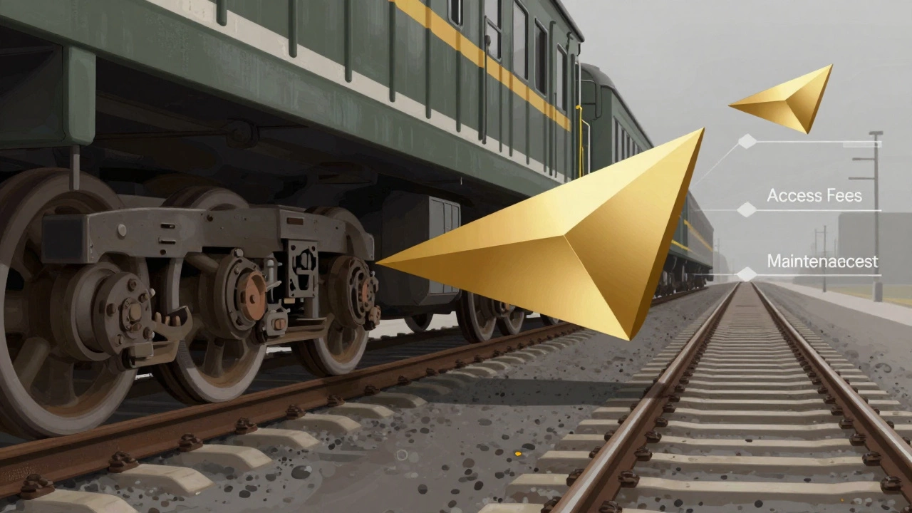 Conceptual art showing train wheels on tracks with abstract cost symbols