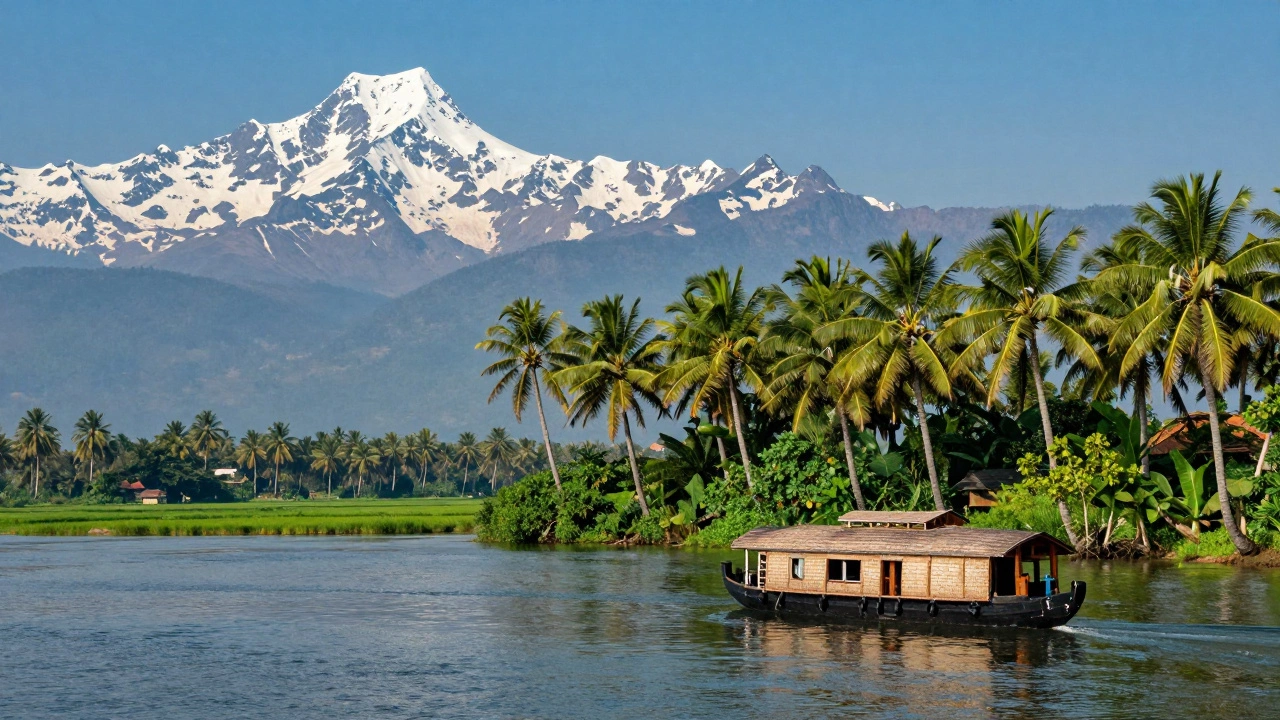Contrast between snowy Himalayan mountains in the north and Kerala's green backwaters in the south.