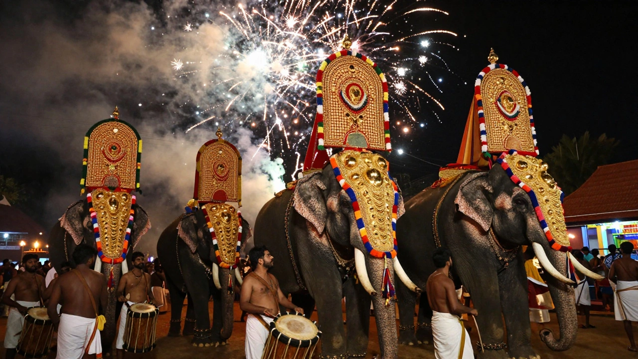 Elephants and fireworks at Thrissur Pooram festival in Kerala