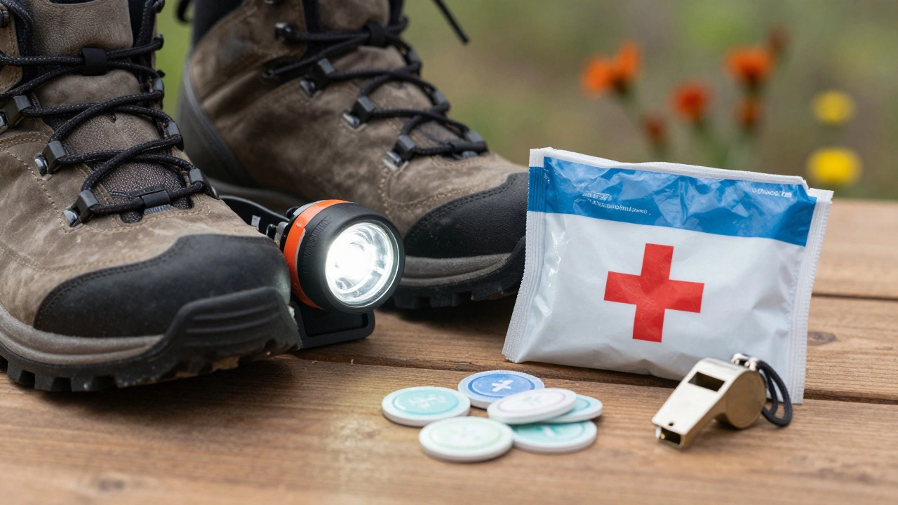 Essential hiking gear including boots and first aid kit