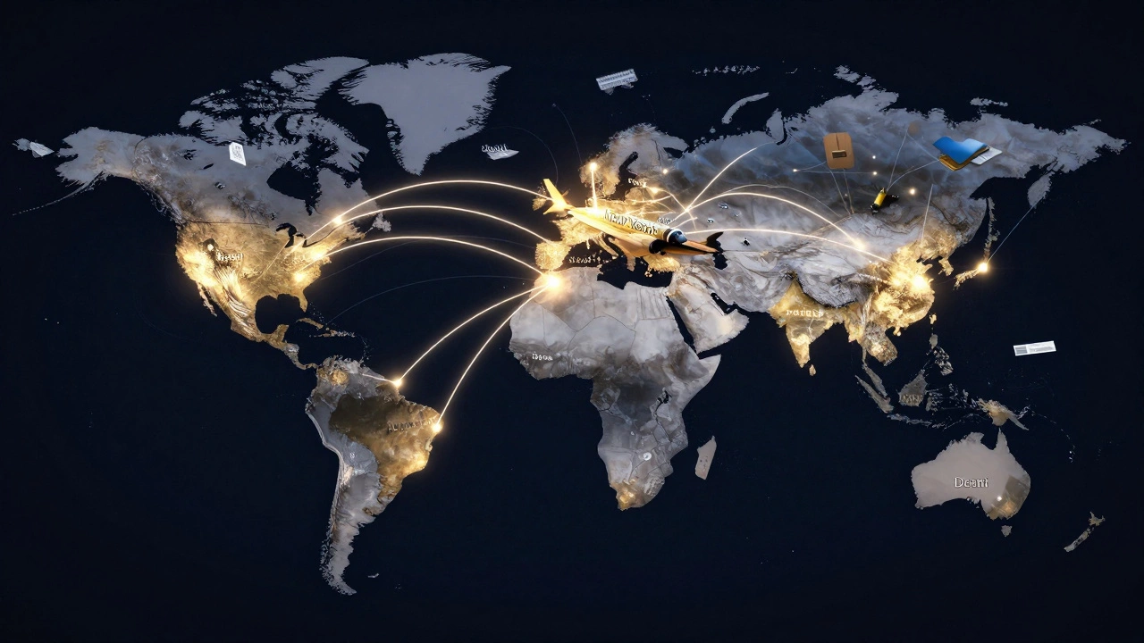 Glowing map showing flight routes from USA to India via Middle East