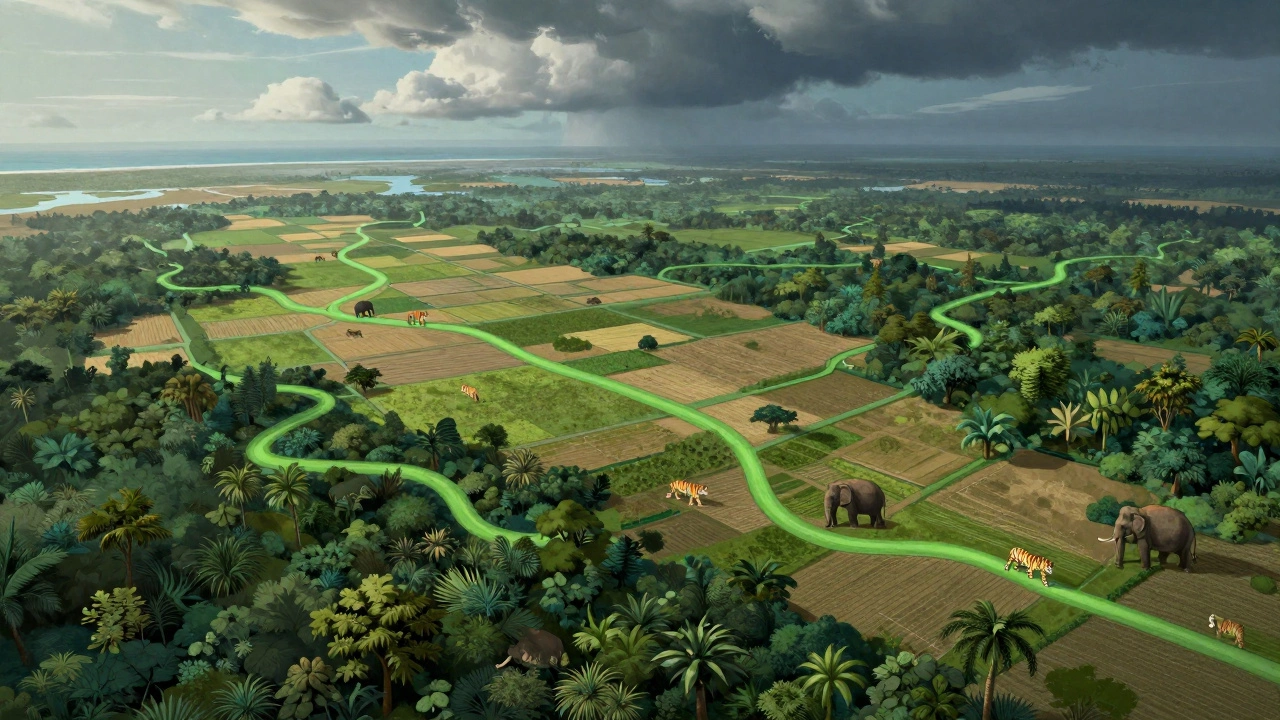 Illustration of wildlife corridors connecting forest sanctuaries in India