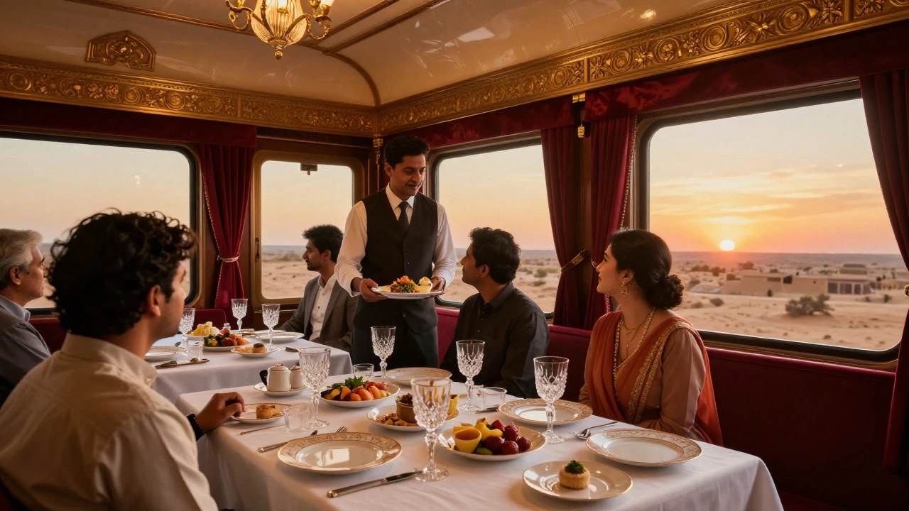 Luxury dining car with fine china and desert sunset view
