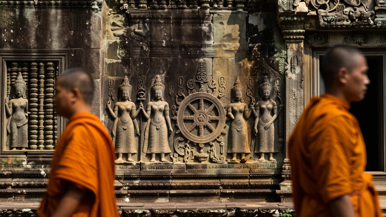 Monks near carved walls showing Hindu to Buddhist changes