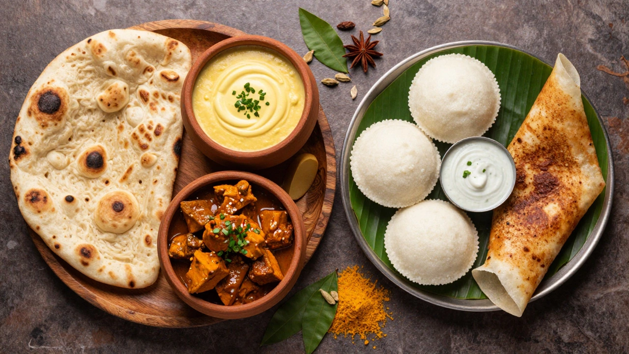 North Indian breads and curries displayed alongside South Indian rice-based dishes like dosa and idli.