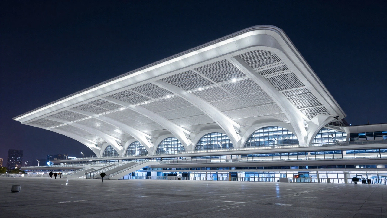 Shanghai Hongqiao station illuminated at night with futuristic design