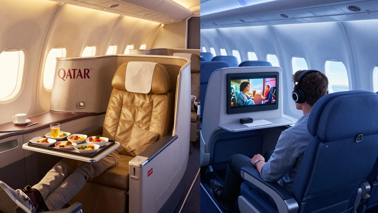 Split image comparing luxury business class and standard economy seats