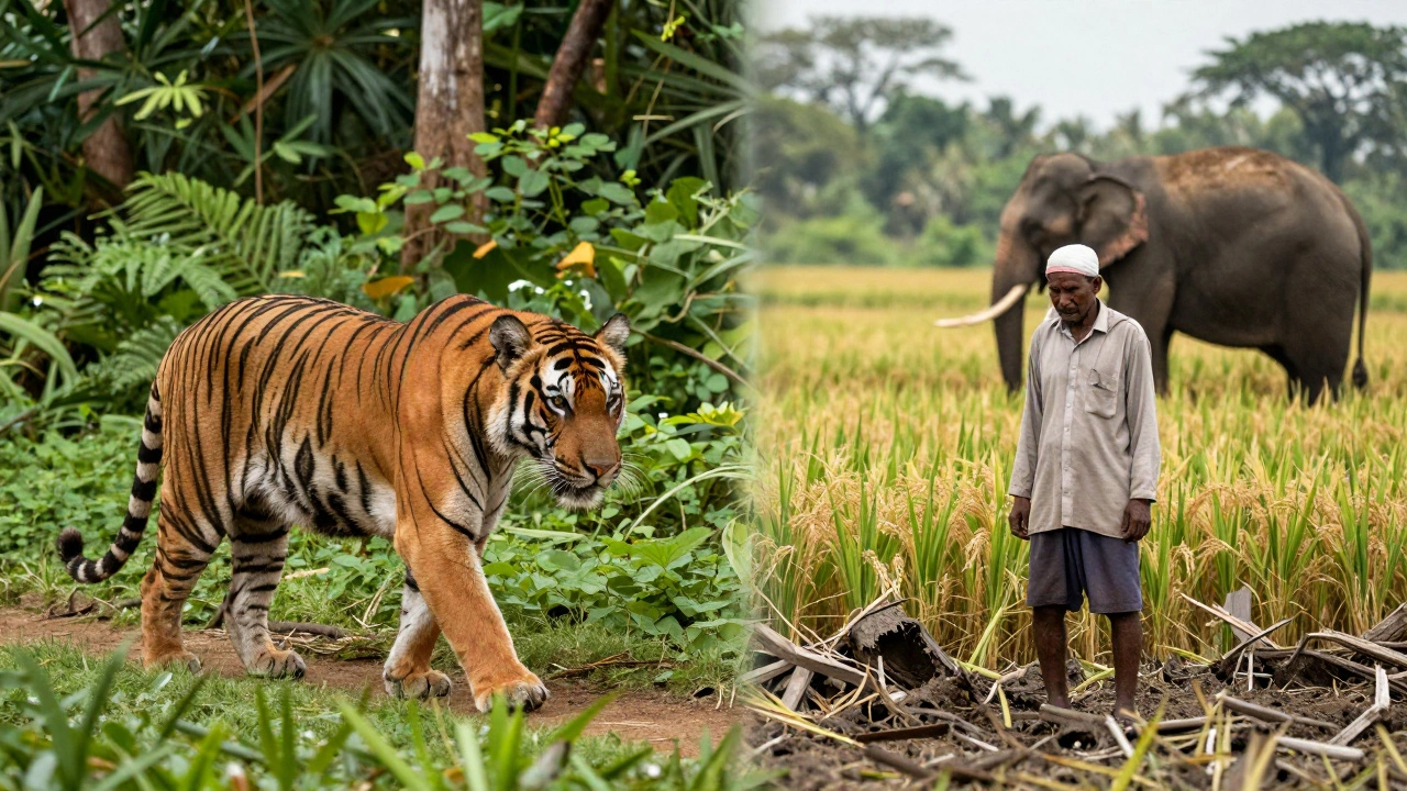 Split image showing Bengal tiger in jungle and farmer with elephant damage