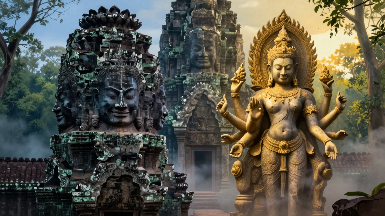 Split view of Bayon faces and Vishnu statue