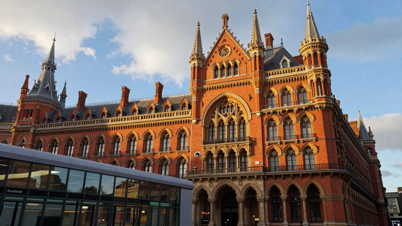St. Pancras International station showing Victorian Gothic architecture