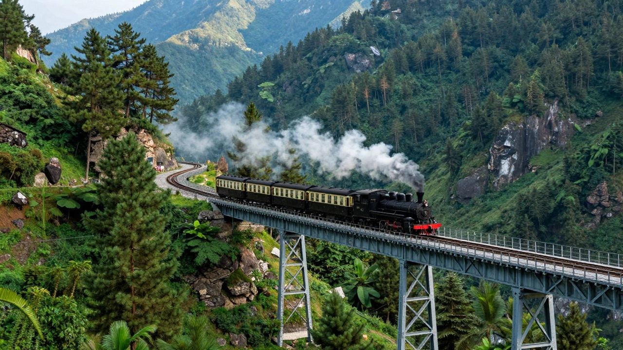 Steam toy train crossing a bridge in the Himalayan mountains