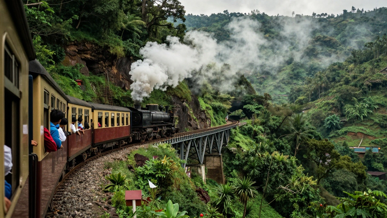 Vintage steam train winding through Nilgiri Mountain Railway