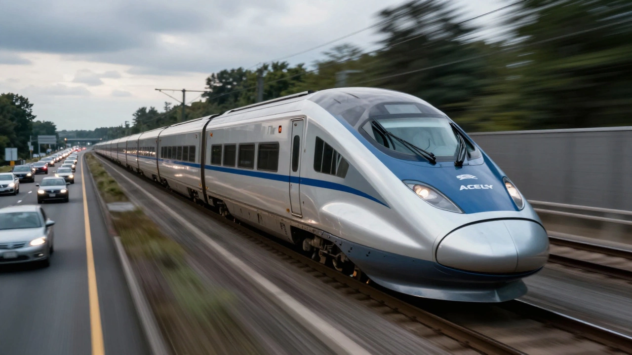 Acela train speeding past congested highway traffic