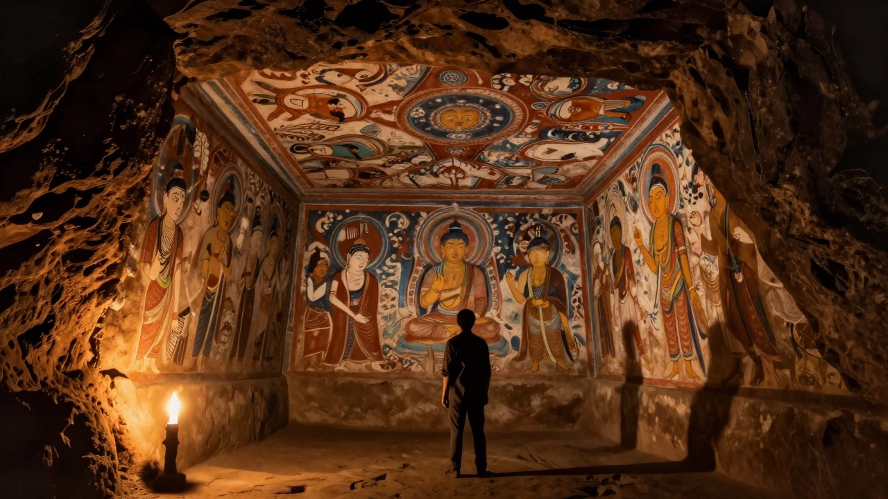 Ancient Buddhist murals inside Ajanta Caves illuminated by torchlight