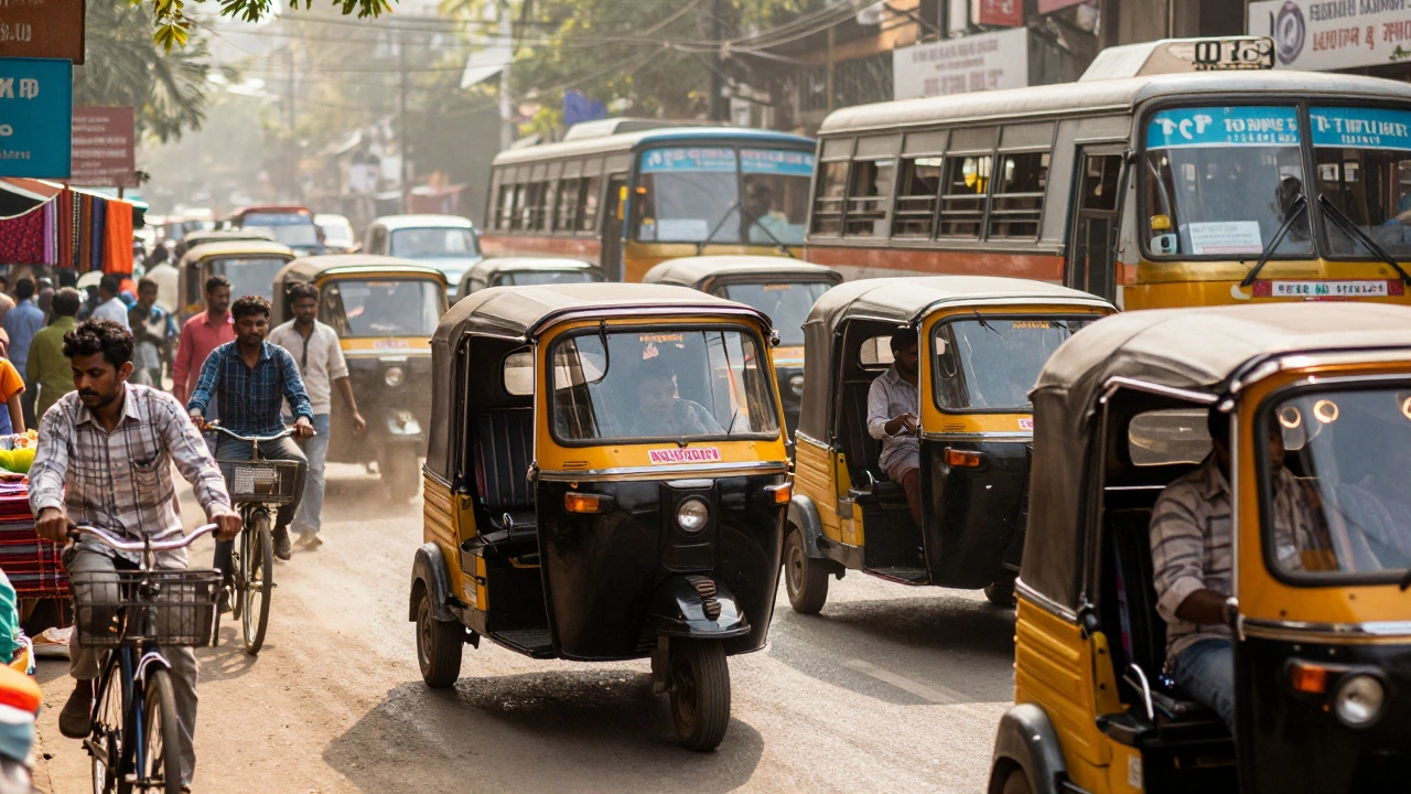Busy South Indian street scene with auto-rickshaws