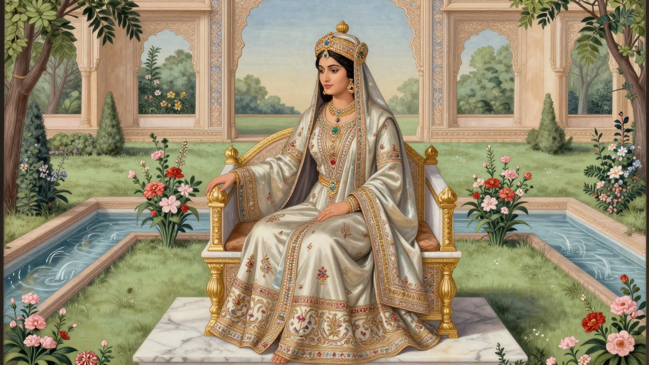 Empress Nur Jahan in elegant Mughal garden setting