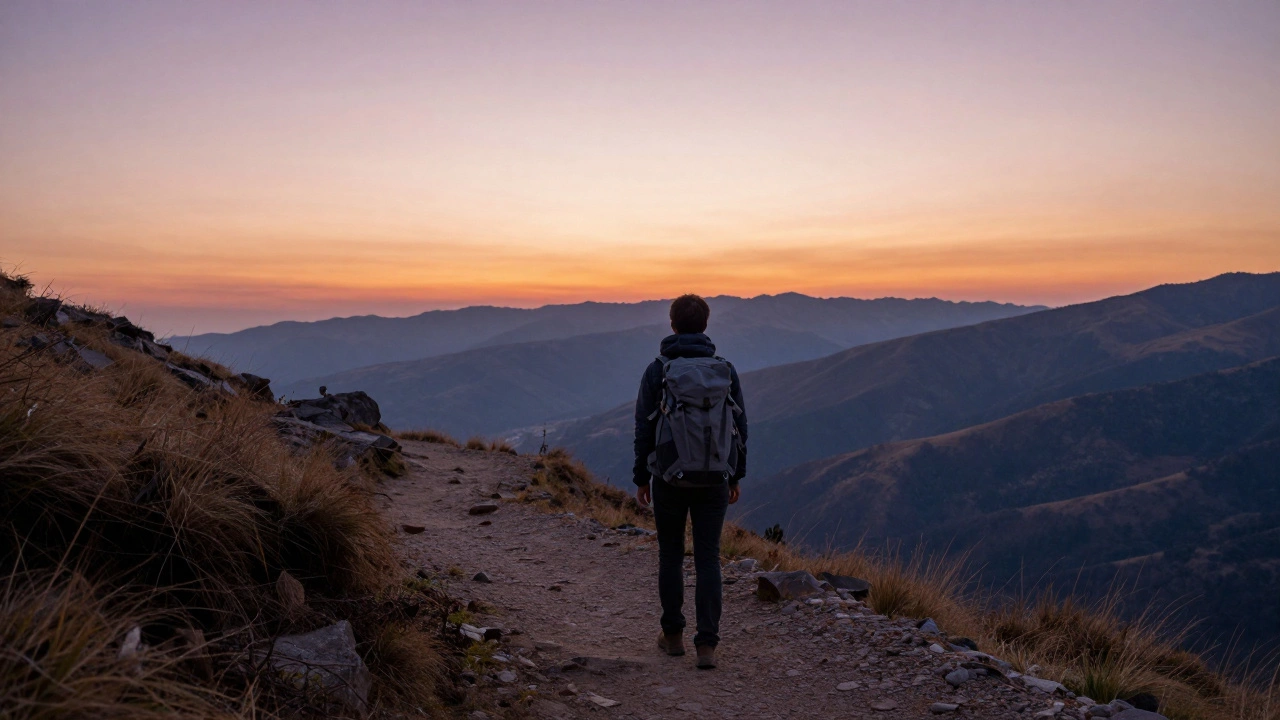 Hiker enjoying scenic mountain view during golden hour sunset