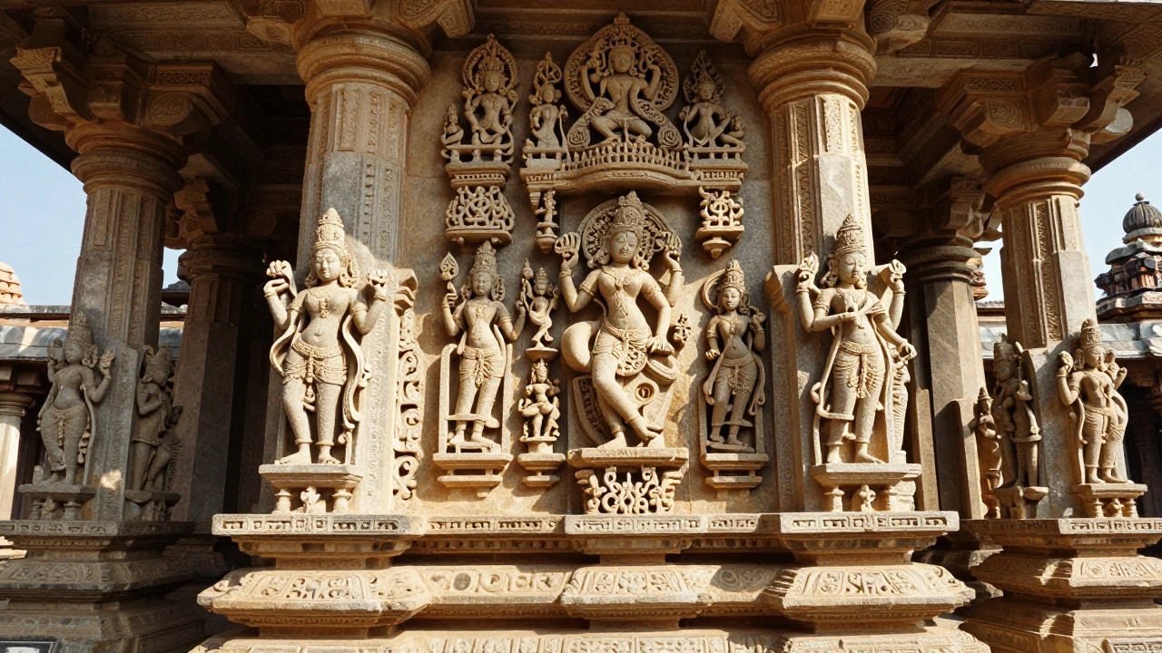 Intricate soapstone carvings on Hoysala Temple pillars in Karnataka