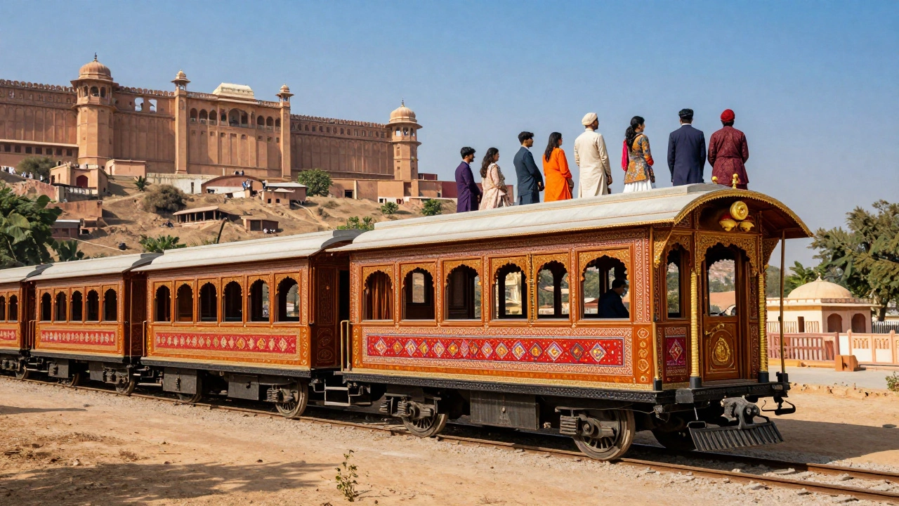 Ornate Palace on Wheels train carriage in front of an Indian fort