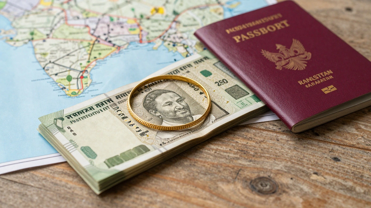 Passport, cash, and jewelry on a table symbolizing honeymoon budgeting