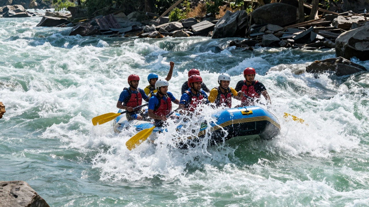 Rafters navigating turbulent rapids on the River Ganges