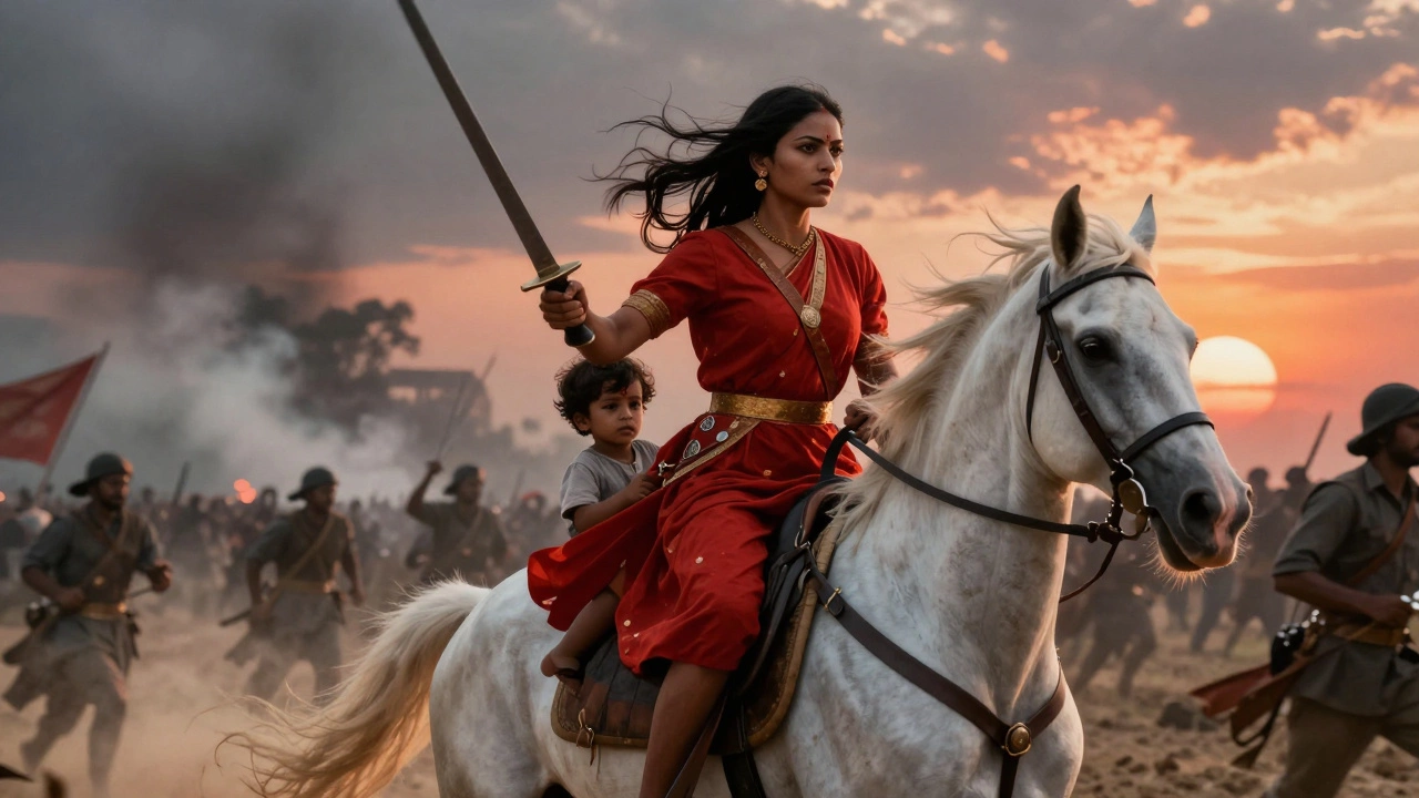 Rani Lakshmibai riding horse with swords in battle