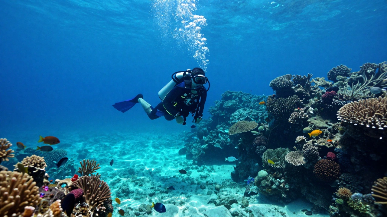Scuba diver exploring coral reefs in Andaman Islands