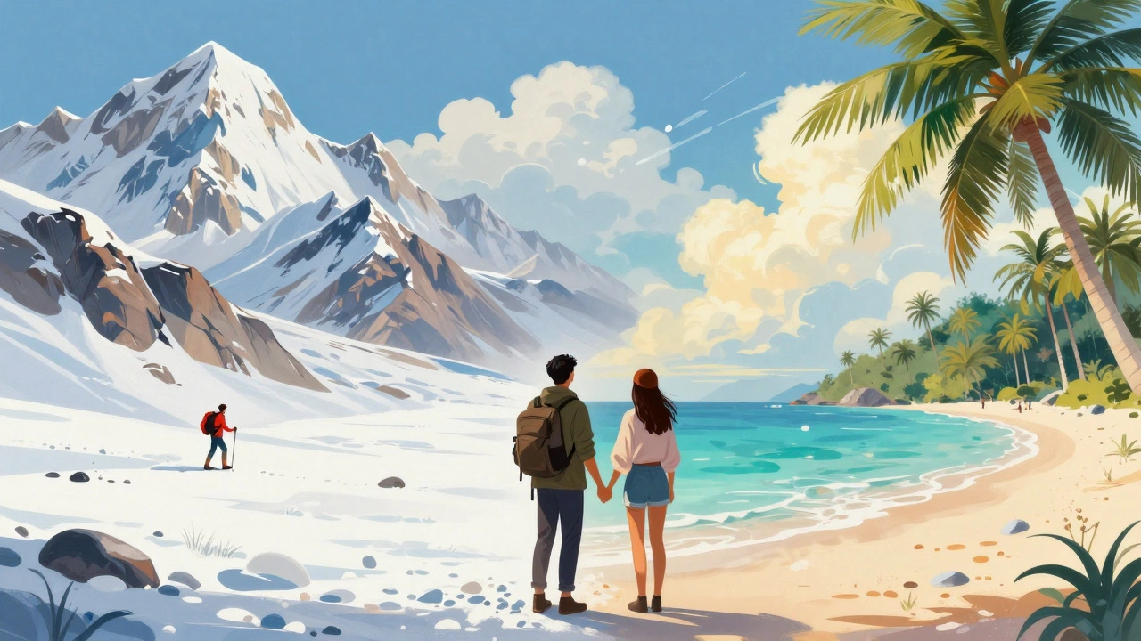 Split view of mountains and beach representing honeymoon destination compromise