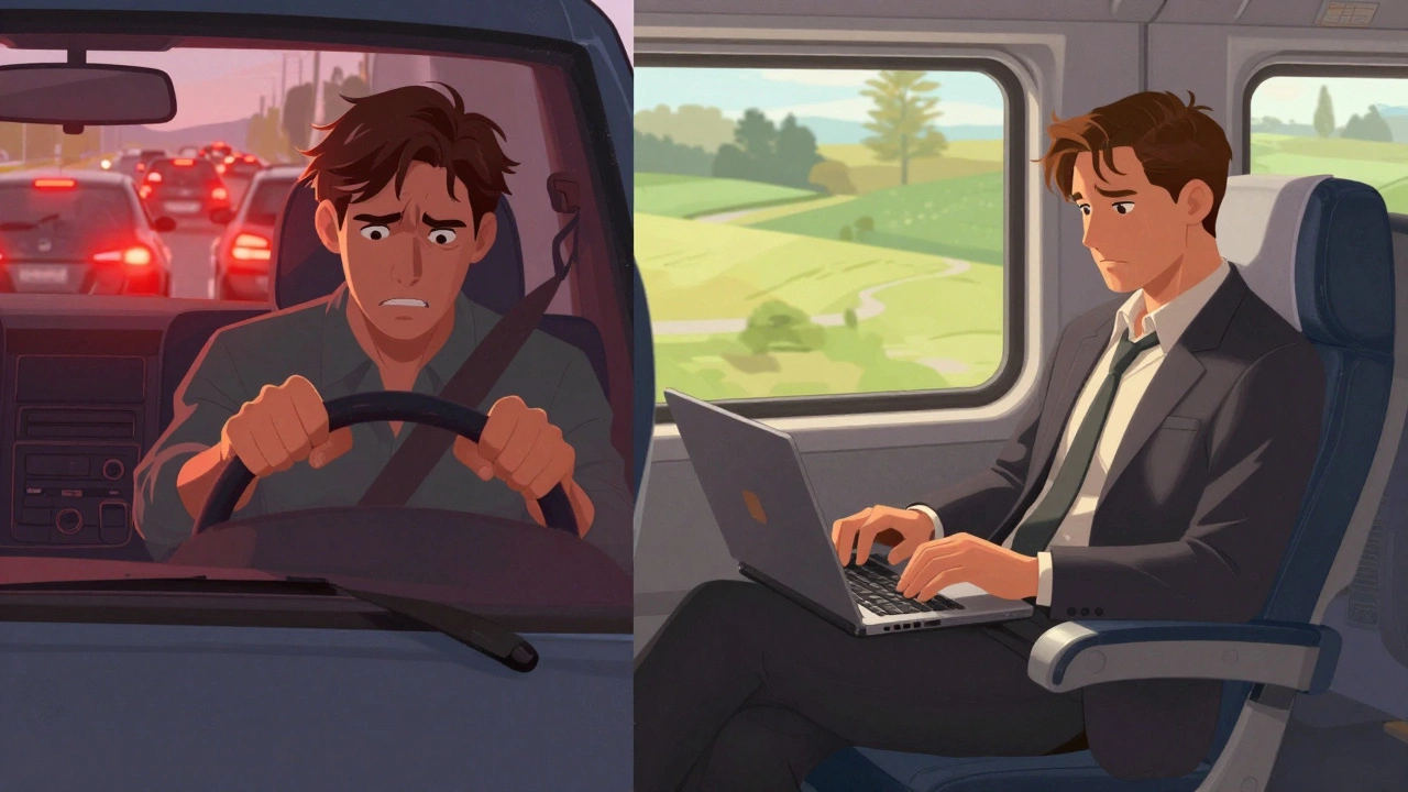 Stressed driver in traffic vs relaxed passenger working on train